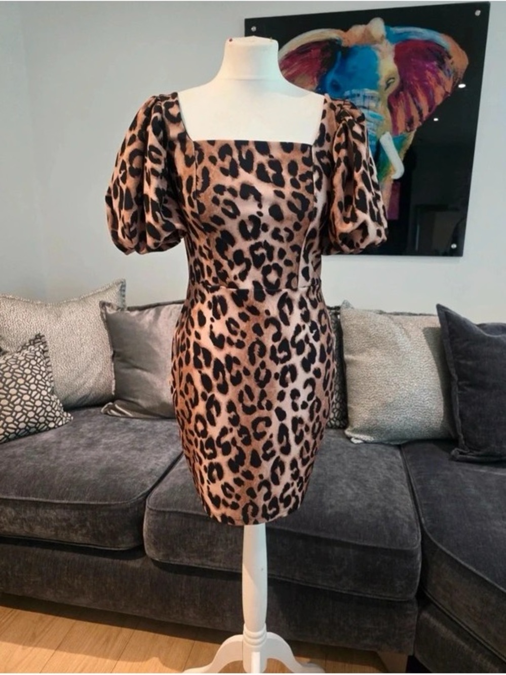 Leopard Print Square Neck Puff Sleeve Maxi Dress in Beige and Black